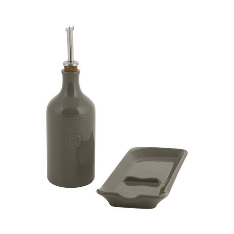 Подарочный набор Emile Henry: Бутылка для масла и подставка под ложку кремний